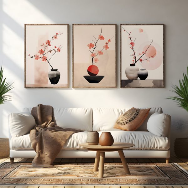 Three pictures are hanging on a wall, with a neutral pink Japanese floral design. Zen calm wall art.