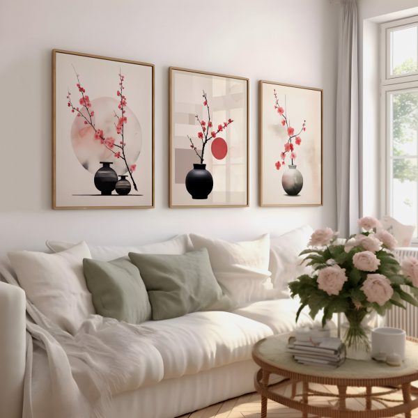 Three pictures are hanging on a wall, neutral pink Japanese floral design. Zen calm wall art.