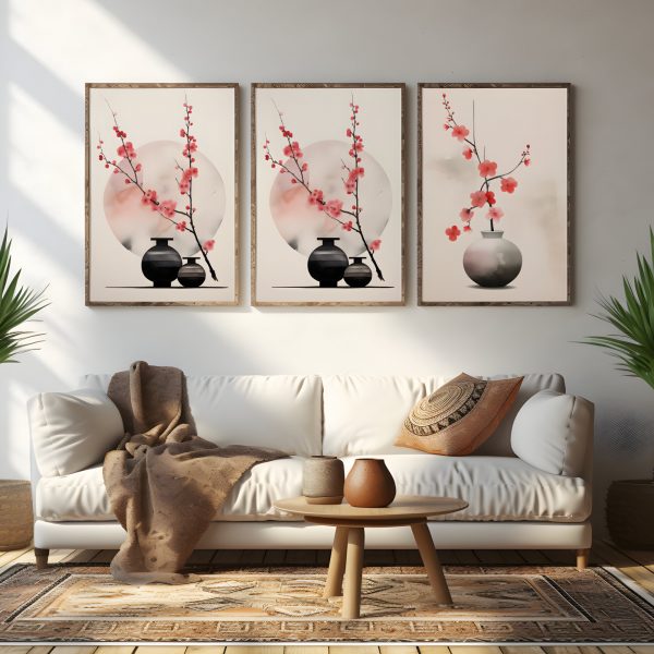 Three pictures hanging on a wall, neutral pink Japanese floral designs. Zen calm wall art.